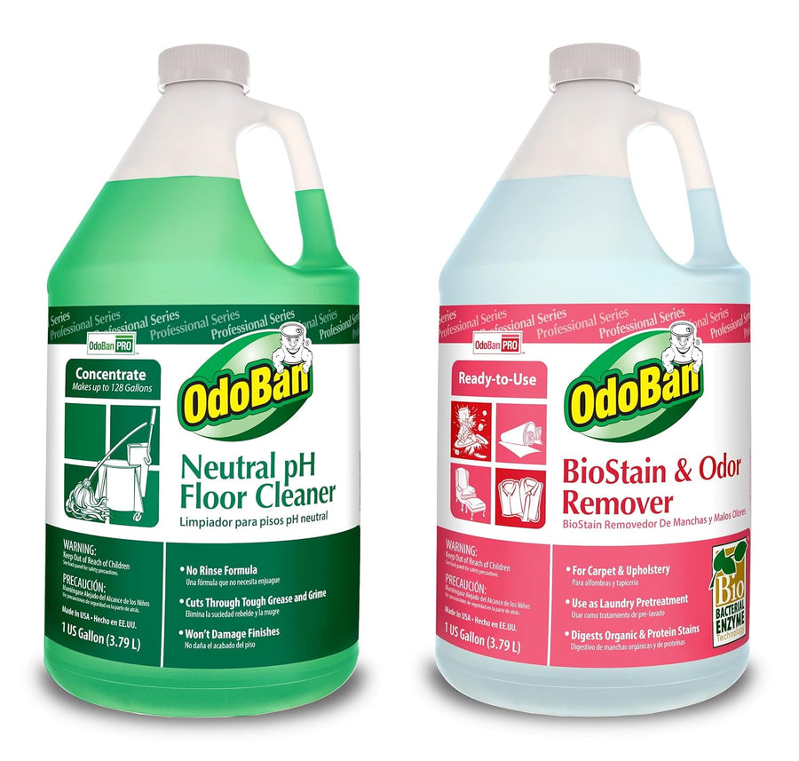 Two one-gallon OdoBan jugs side-by-side: green Neutral pH Floor Cleaner and pink BioStain & Odor Remover labels.