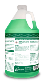 Rear label close-up of a green OdoBan Neutral pH floor cleaner gallon showing safety precautions and ingredient text