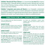 Two-column directions and product description text for OdoBan Neutral pH Floor Cleaner in English and Spanish