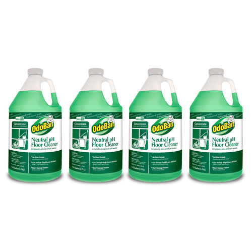 Four green one-gallon OdoBan Neutral pH floor cleaner jugs side by side on white background