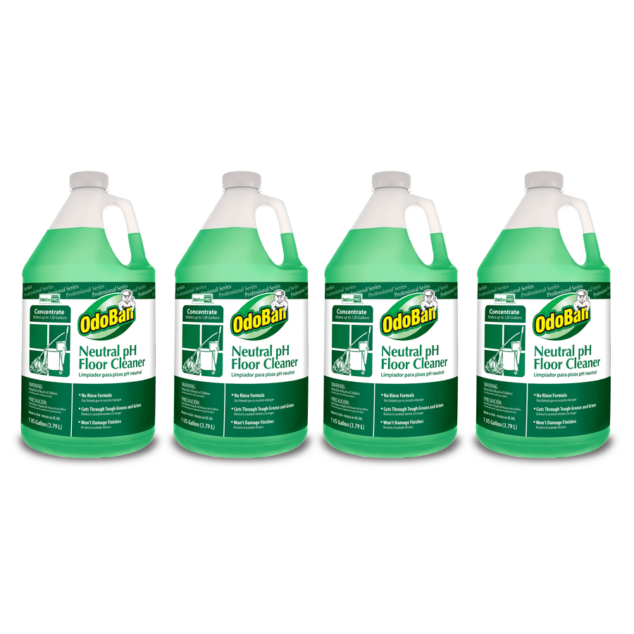 Four green one-gallon OdoBan Neutral pH floor cleaner jugs side by side on white background