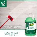 OdoBan Neutral pH Floor Cleaner jug with a red mop on a light wood floor and copy about cutting grease and grime.