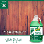 OdoBan neutral pH floor cleaner jug on a wood floor background with text highlighting no-rinse formula.