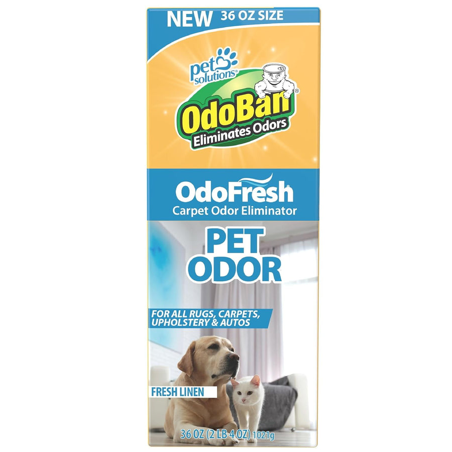 Tall front-facing OdoBan OdoFresh pet odor carpet deodorizer box with dog and cat photo and fresh linen label