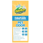 Yellow OdoBan OdoFresh carpet odor eliminator box showing product name, usage icons and product features