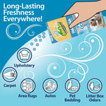 Illustrated graphic of a hand sprinkling OdoBan OdoFresh powder with icons for carpet, upholstery, autos and litter box use