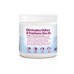 Rear label of an OdoBan Pet OdoMagnet jar reading 'Eliminates Odors & Freshens the Air' with usage text and icons.