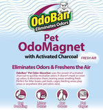 OdoBan branding panel showing 'Pet OdoMagnet with Activated Charcoal' and icons for pet bedding, litter boxes, pet odors, pet cages.