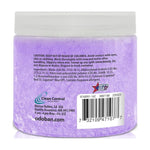Close-up of the back of an OdoBan OdoMagnet lavender gel crystal jar showing caution text, barcode and company logo