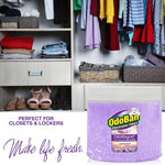Lifestyle image of an OdoBan OdoMagnet lavender gel crystal jar placed near a closet with folded clothes and shoes