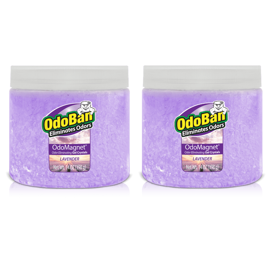 Two OdoBan OdoMagnet lavender gel crystal jars with white lids shown side-by-side on a white background