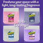 Promotional infographic showing four OdoBan OdoMagnet gel crystal varieties including lavender and claim of up to 60 days