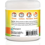 Rear label of an OdoBan odor absorber tub showing suggested uses icons, barcode and company contact information.