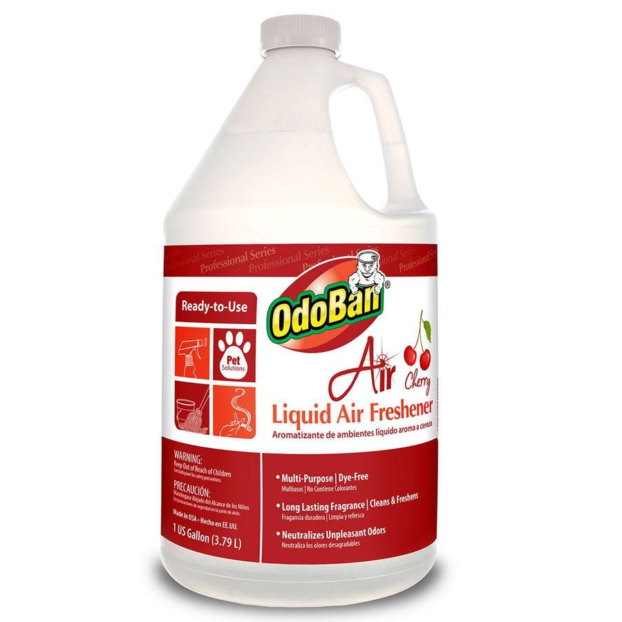One-gallon white plastic jug of OdoBan Air liquid air freshener with cherry label and red branding
