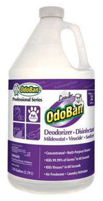 White one‑gallon OdoBan jug with purple label reading OdoBan deodorizer disinfectant, lavender scent branding