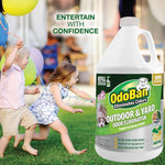 Lifestyle graphic with children playing on grass beside a large OdoBan Outdoor & Yard product jug and headline text