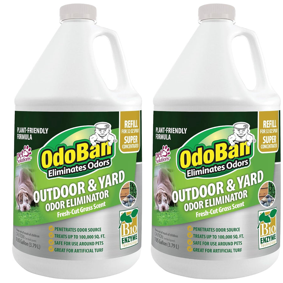 Two white one-gallon-style jugs of OdoBan Outdoor & Yard odor eliminator with green product labels