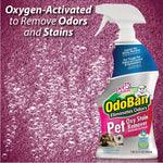OdoBan Pet Oxy Stain Remover spray bottle against a bubbly pink textured background with oxygen-activated headline