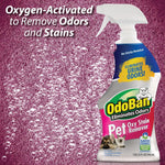 OdoBan Pet Oxy Stain Remover bottle on textured bubble background with headline oxygen-activated to remove odors and stains