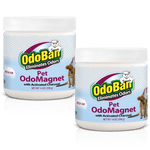 Two jars of OdoBan Pet OdoMagnet odor eliminator with Fresh Air label and small dog graphic on light blue background.