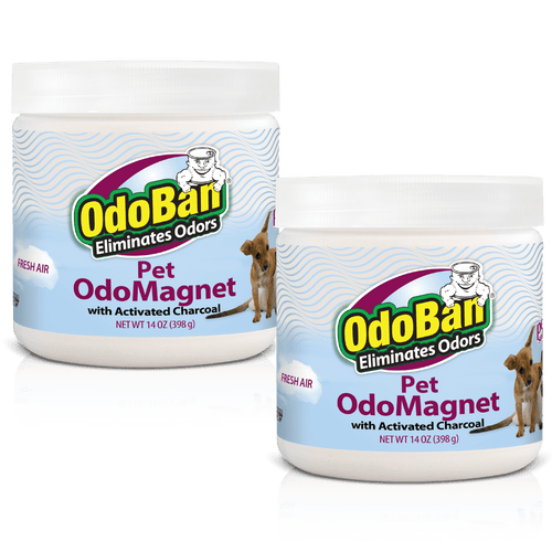 Two jars of OdoBan Pet OdoMagnet odor eliminator with Fresh Air label and small dog graphic on light blue background.