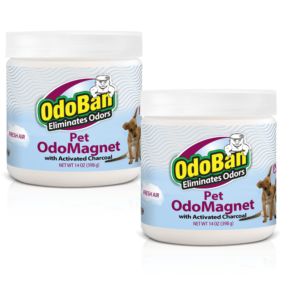 Two jars of OdoBan Pet OdoMagnet odor eliminator with Fresh Air label and small dog graphic on light blue background.
