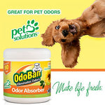 OdoBan odor absorber tub with pet-solutions branding and a playful dog image on a yellow background promoting pet odor control.