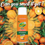 Single OdoBan Real Citrus air freshener can centered over a background of whole and halved oranges with stylized rays behind the can.