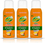 Three OdoBan Real Citrus orange aerosol air freshener cans with white caps on white background