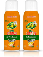 Two OdoBan Real Citrus orange air freshener cans standing side-by-side with white caps on a white background.