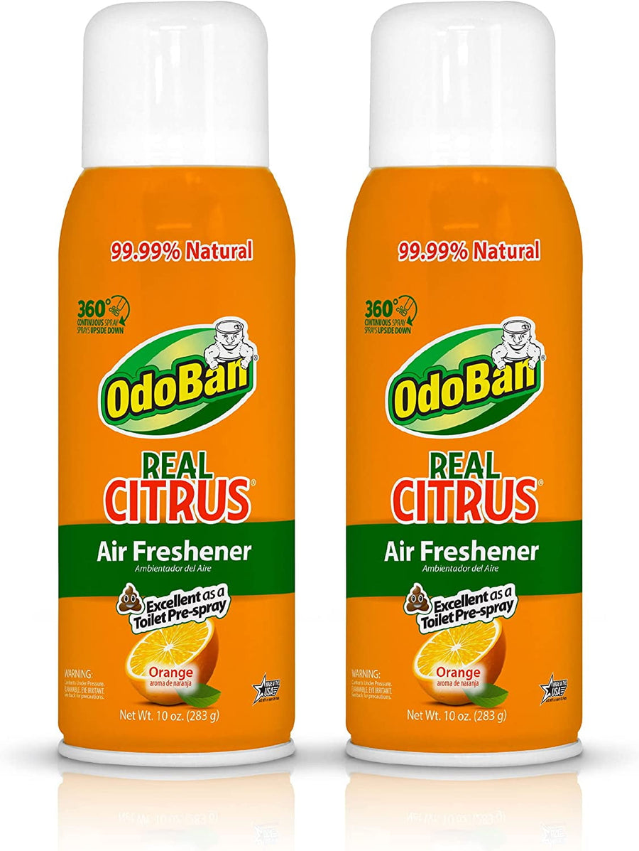 Two OdoBan Real Citrus orange air freshener cans standing side-by-side with white caps on a white background.