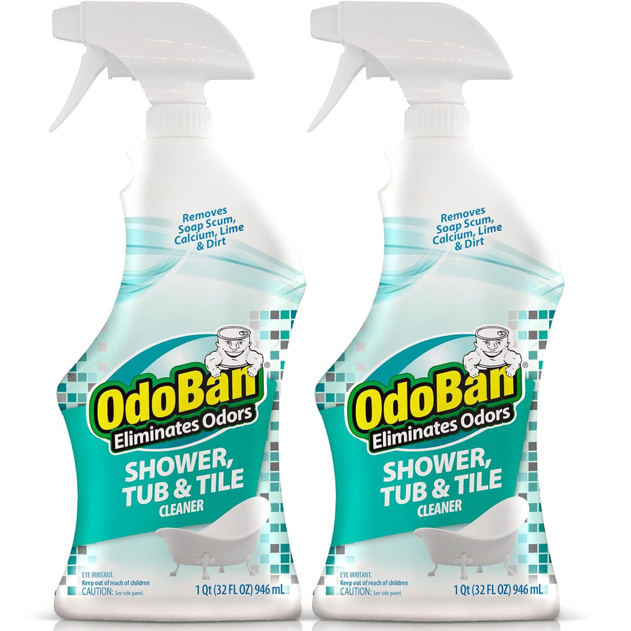 Two OdoBan Shower, Tub & Tile spray bottles side-by-side with teal label and white trigger tops