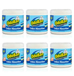 Six jars of OdoBan odor absorber in a blue fresh linen label arranged in two rows on white background.