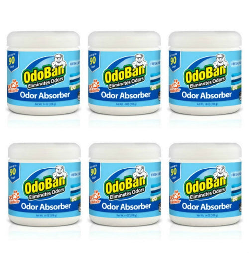 Six jars of OdoBan odor absorber in a blue fresh linen label arranged in two rows on white background.