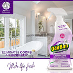 OdoBan lavender trigger-spray bottle superimposed over a bright bathroom scene with copy reading "Eliminates Odors & Disinfects"