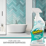 OdoBan Shower, Tub & Tile spray bottle placed over a styled bathroom scene with bathtub and teal tile accent