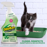OdoBan spray bottle beside a kitten stepping from a green litter tray, with text about cleaning and disinfecting.