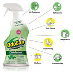 OdoBan ready-to-use spray bottle with dotted lines to icons indicating uses like bathrooms, pet odors, kitchens and cars.