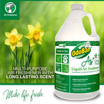 OdoBan Air Liquid Air Freshener jug beside daffodil flowers on a green spring-themed background with product text