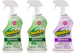 Three OdoBan disinfectant spray bottles side-by-side: two eucalyptus (green) and one lavender (purple) on a white background.