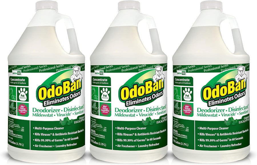 Three one-gallon OdoBan disinfectant and deodorizer bottles with green labels shown side by side on white background