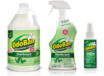 Three OdoBan disinfectant products (gallon jug, trigger spray, travel spray) with eucalyptus labeling on white background.