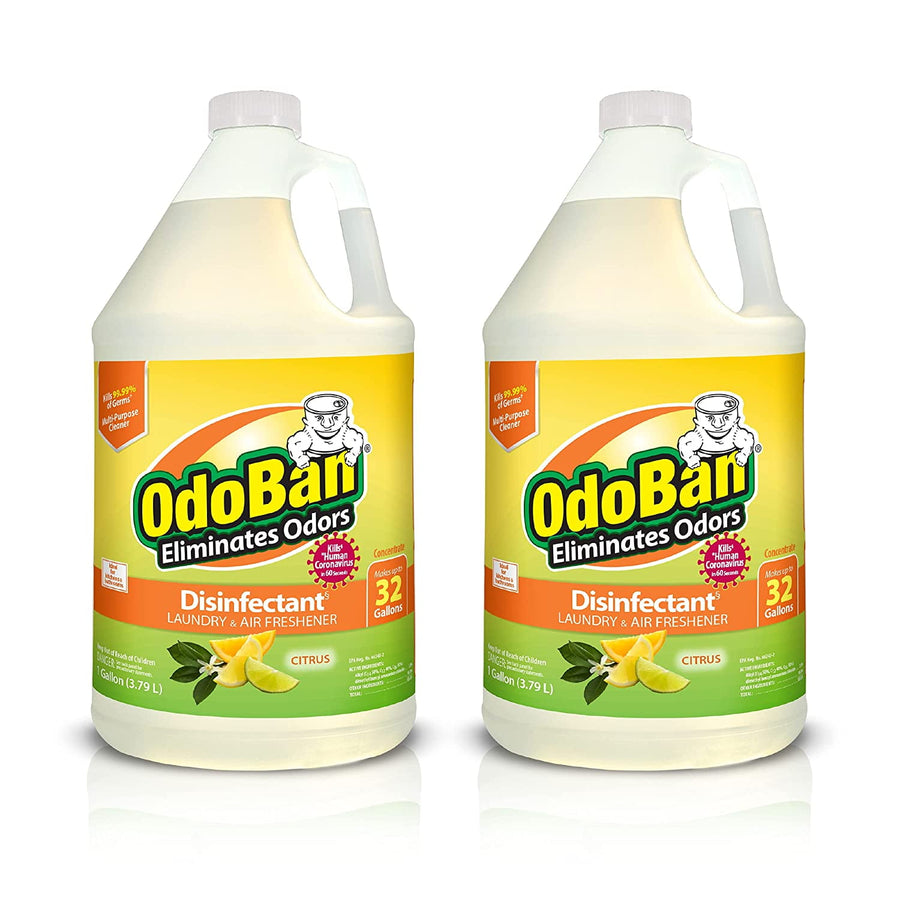 Two OdoBan citrus-scent disinfectant jugs side-by-side with bright yellow-green branded labels