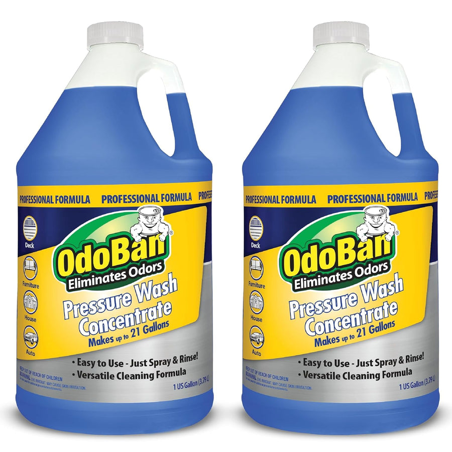 Two blue OdoBan Pressure Wash Concentrate jugs with yellow labels shown side-by-side on a white background.