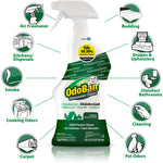 OdoBan spray bottle centered with infographic icons showing uses like carpet, bedding, kitchen and pet odors
