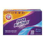 Angled box shot of Arm & Hammer Odor Blasters in purple and orange packaging labeled Fresh Burst and 120 dryer sheets.