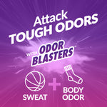 Purple graphic reading 'Attack Tough Odors with Odor Blasters' showing icons for sweat and body odor
