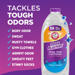 Product graphic of ARM & HAMMER Odor Blasters bottle with checklist of odors it tackles on purple background