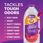 ARM & HAMMER Odor Blasters bottle on purple background with checklist of odors it tackles like body odor and stinky socks