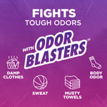 Purple graphic panel with bold text 'Fights Tough Odors' and 'Odor Blasters' plus icons for damp clothes, sweat, musty towels, body odor.